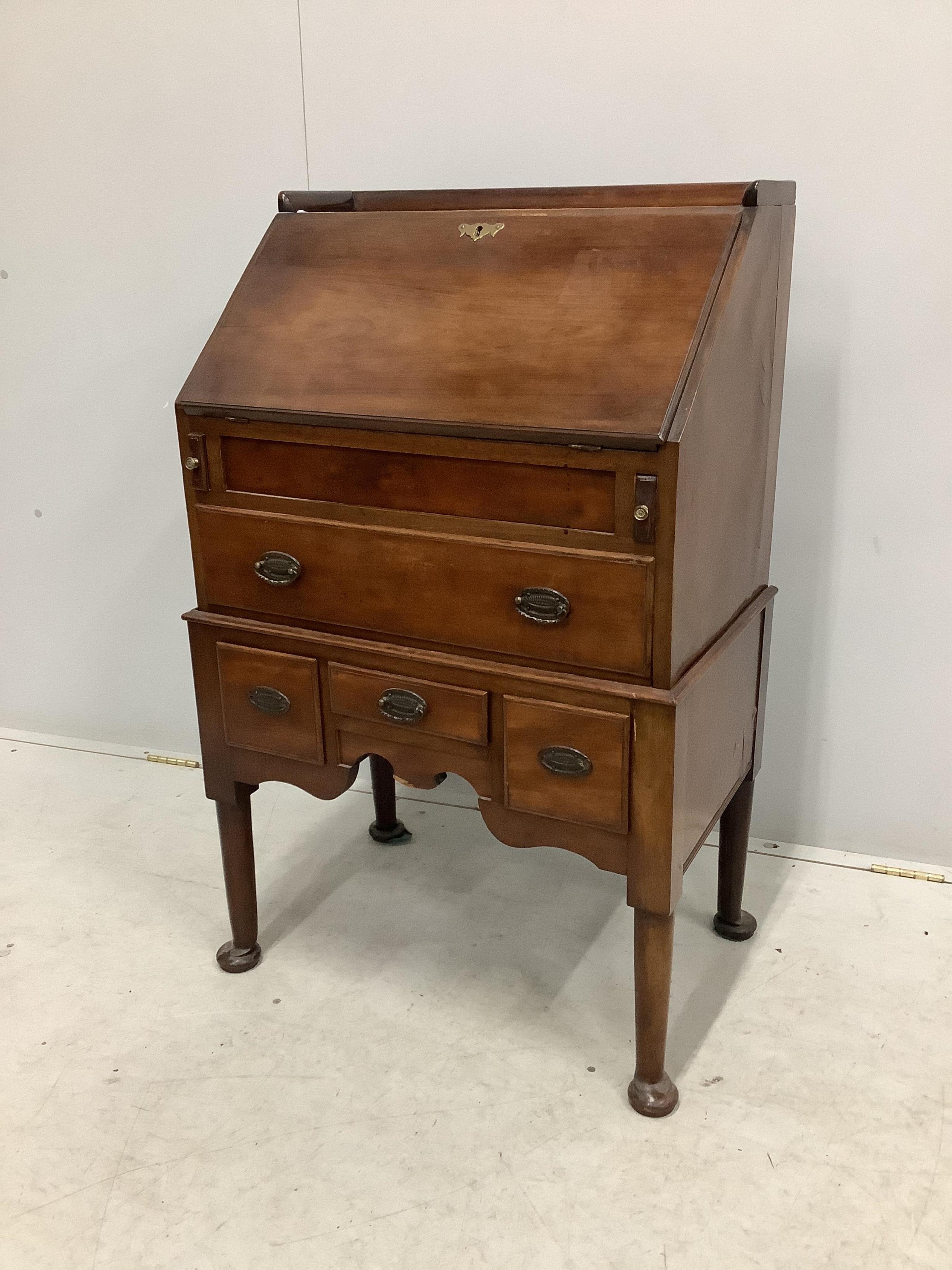 A small early 20th century George III style mahogany bureau, width 63cm, depth 42cm, height 102cm. Condition - fair